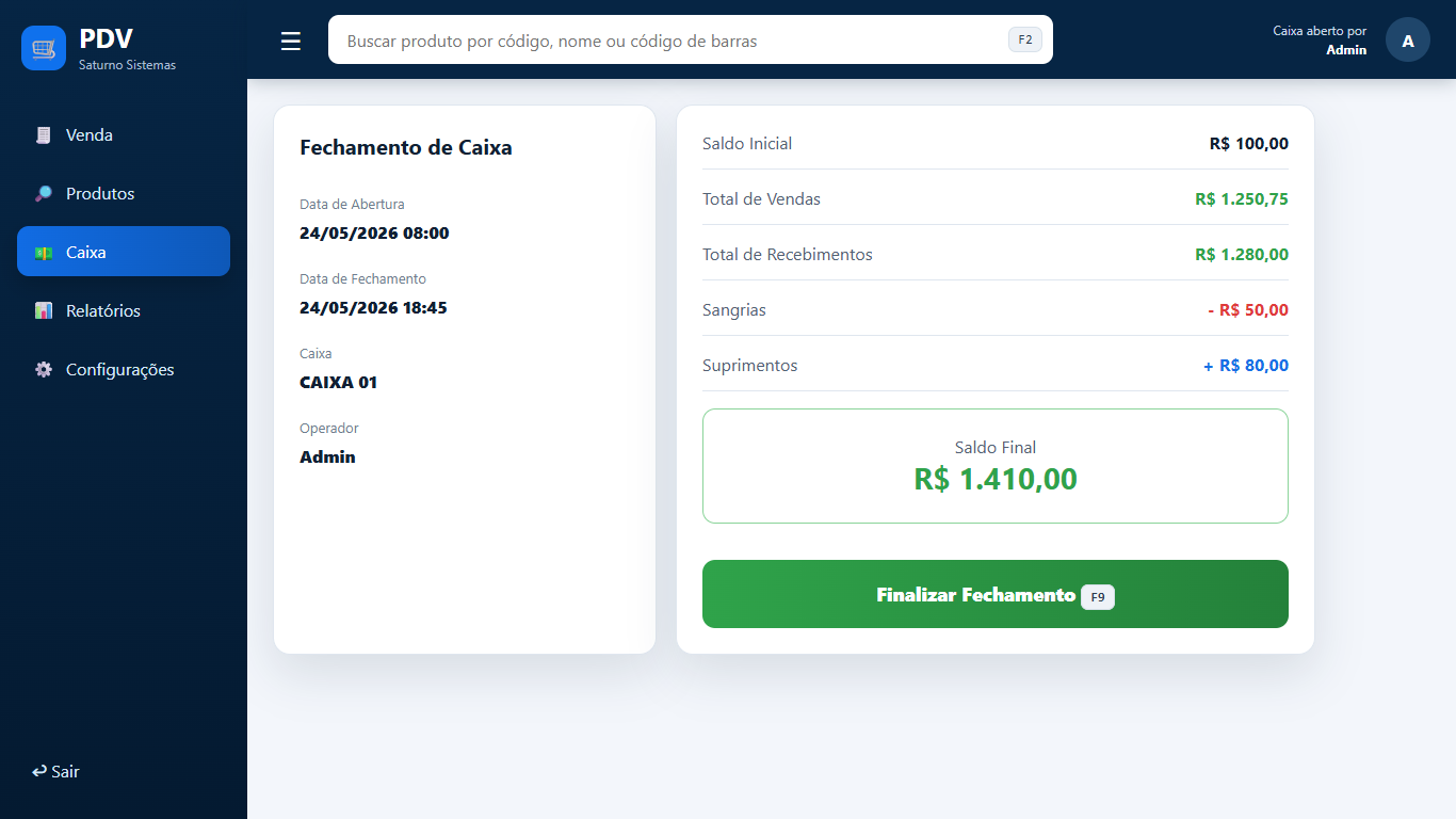 Tela de fechamento de caixa do SaturnoPDV com resumo de movimentações e saldo final.